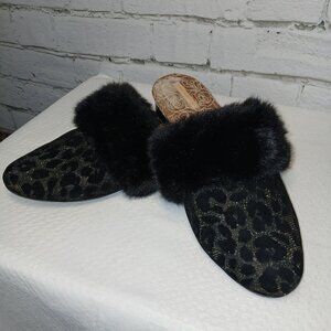 WOMENS TARYN ROSE BRAELYN SLIPPERS, BLACK LEOPARD PRINT, FAUX FUR TRIM, SIZE 10B